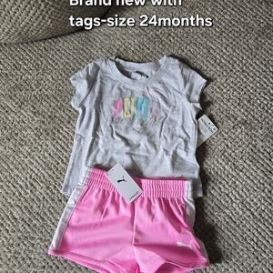 Puma White Tee with Pastel Logo & Bright Pink Athletic Shorts